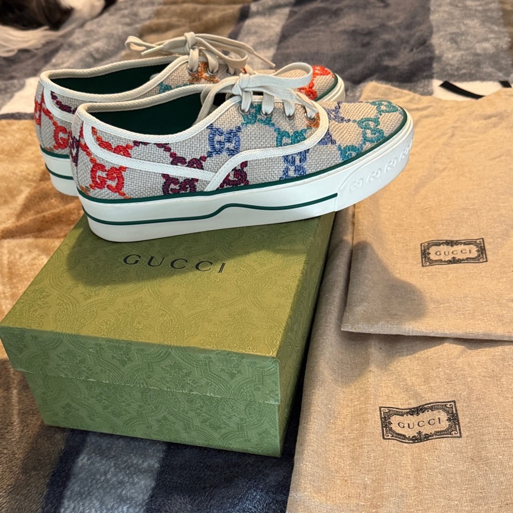 Gucci Ivory and Multicolor platform tennis shoes from 2022. Like new condition.